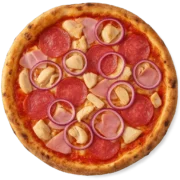 Genießen Sie jetzt die AMORE Pizza – knuspriger Boden, zarter Schinken, saftiges Poulet, würzige Salami und frische Zwiebeln.