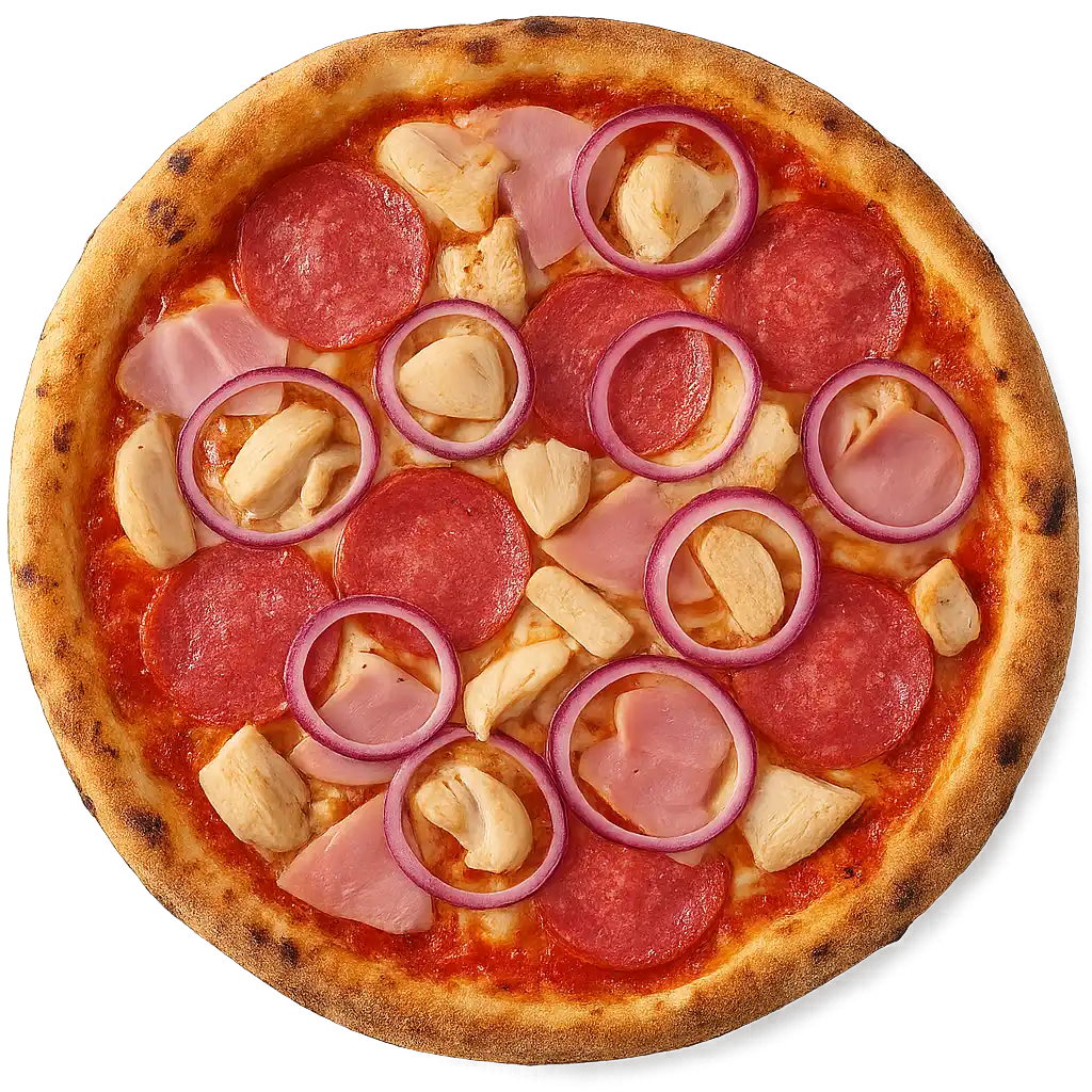 Genießen Sie jetzt die AMORE Pizza – knuspriger Boden, zarter Schinken, saftiges Poulet, würzige Salami und frische Zwiebeln.