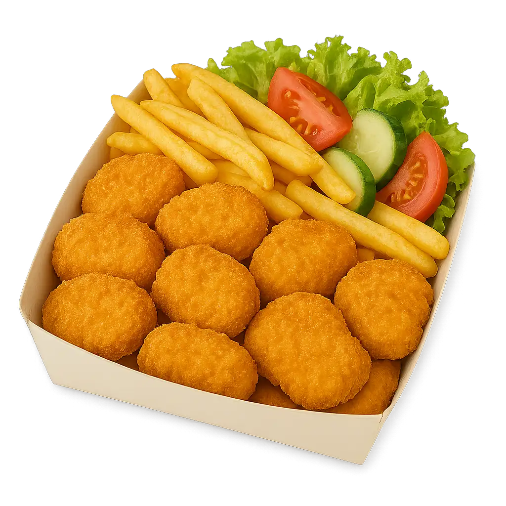 CHICKEN NUGGETS 10 Stück mit knusprigen Pommes frites und frischem Salat