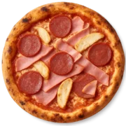 CIAO BELLA Pizza mit Vorderschinken, Salami und zartem Pouletfleisch auf knusprigem Steinofenboden