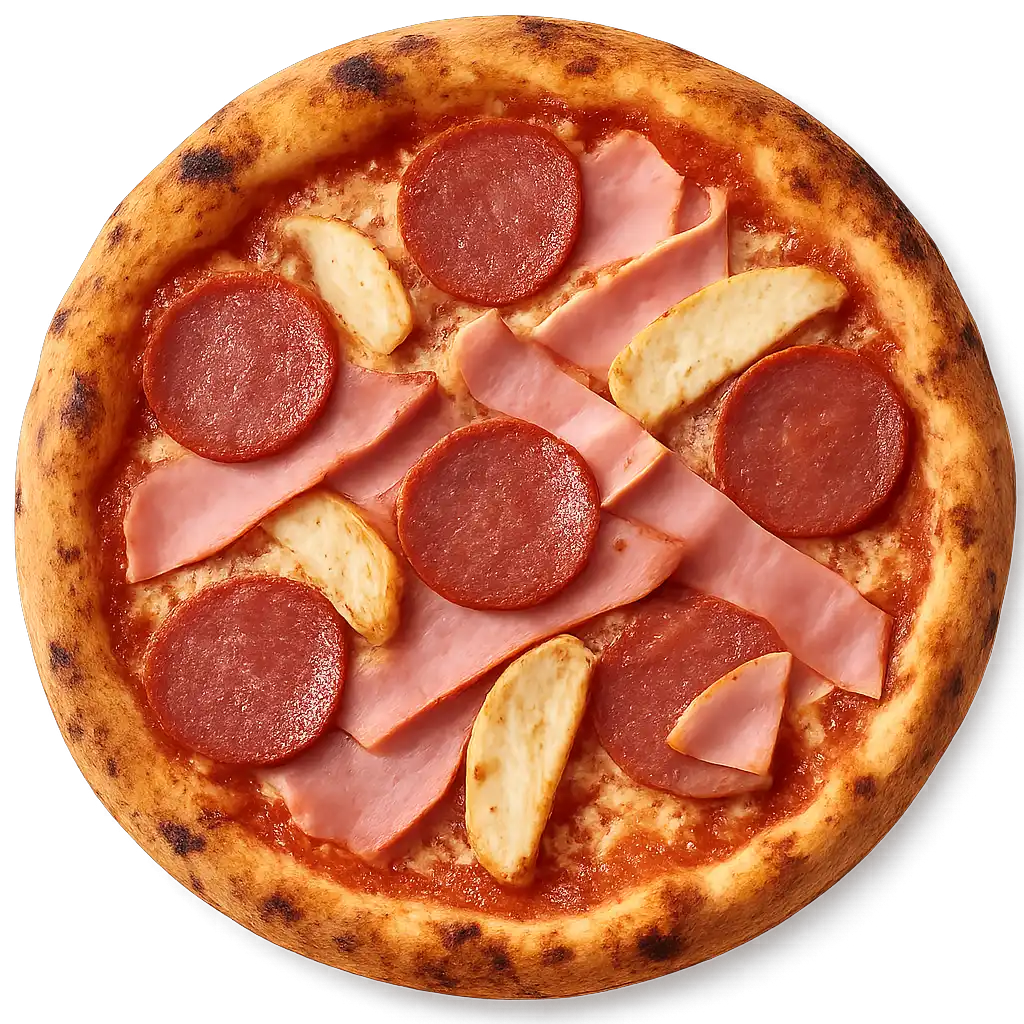 CIAO BELLA Pizza mit Vorderschinken, Salami und zartem Pouletfleisch auf knusprigem Steinofenboden