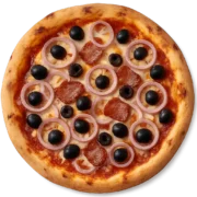 DELLA NONNA Pizza mit Speck, roten Zwiebelringen und schwarzen Oliven auf knusprigem Steinofenboden