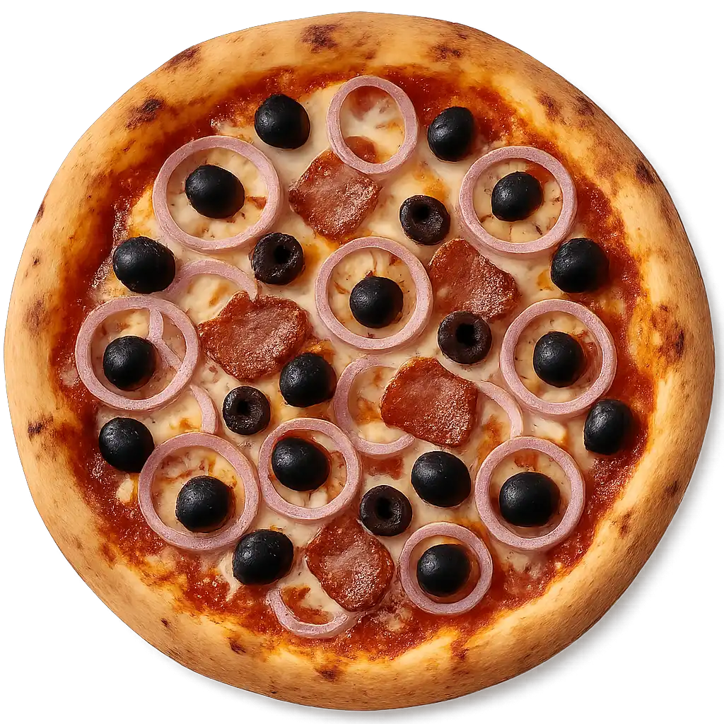 DELLA NONNA Pizza mit Speck, roten Zwiebelringen und schwarzen Oliven auf knusprigem Steinofenboden