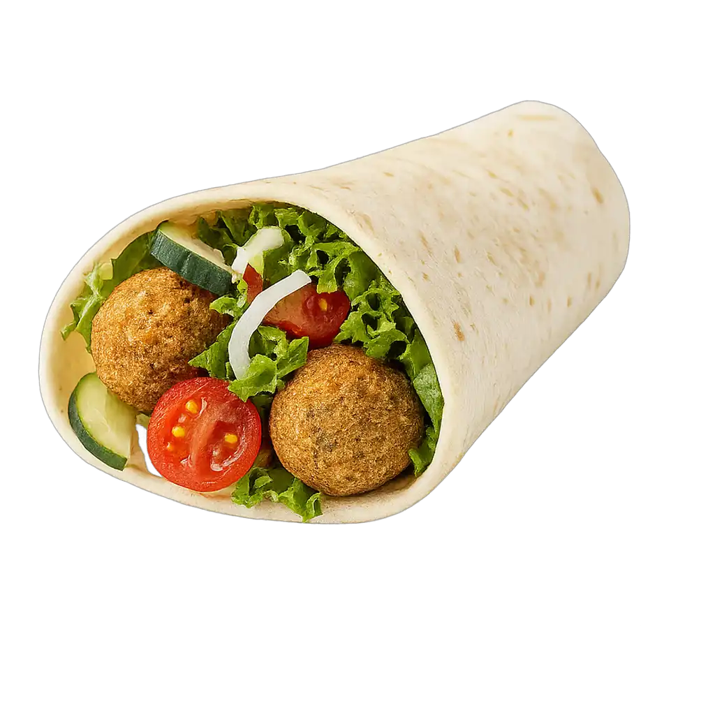 Falafel vegetarisch mit knusprigem Fladenbrot, frischem Salat und Sauce