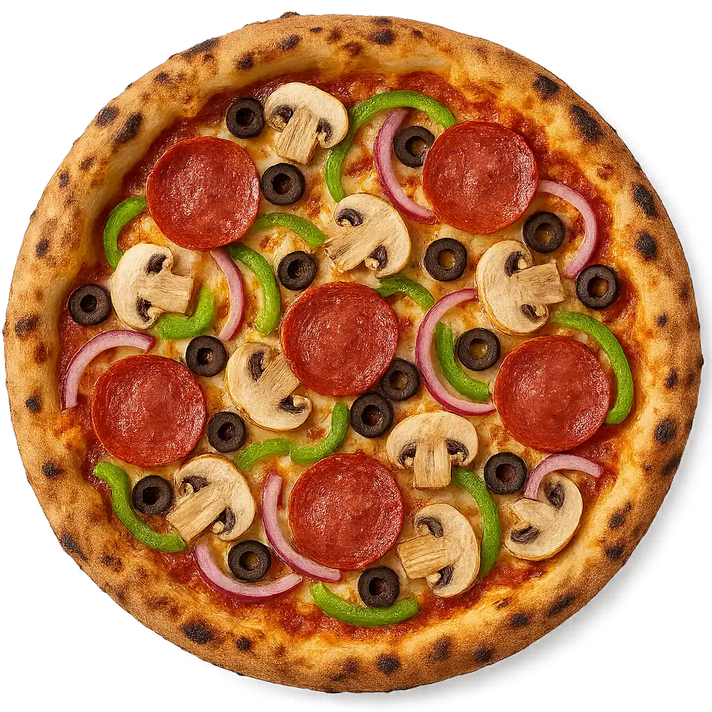 FANTASIA Pizza mit knusprigem Boden, Tomatensauce, Mozzarella und fünf frei wählbaren Zutaten wie Salami, Champignons, Paprika, Oliven und Zwiebeln