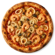 FRUTTI DI MARE Pizza mit frischen Meeresfrüchten wie Garnelen, Muscheln und Calamari auf knusprigem Steinofenboden