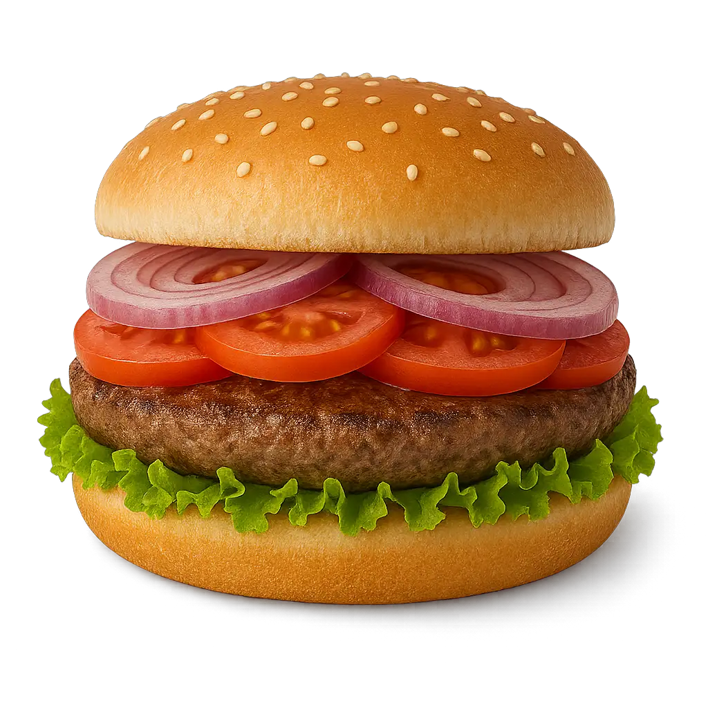 Unser klassischer HAMBURGER überzeugt mit einem saftigen 125g Rindfleisch-Patty, serviert im knusprig-frischen Brötchen.