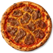 HAUS PIZZA scharf mit Kalbfleisch, Knoblauch und Kräuterbutter auf knusprigem Steinofenboden