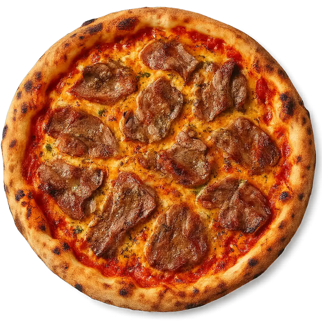 HAUS PIZZA scharf mit Kalbfleisch, Knoblauch und Kräuterbutter auf knusprigem Steinofenboden