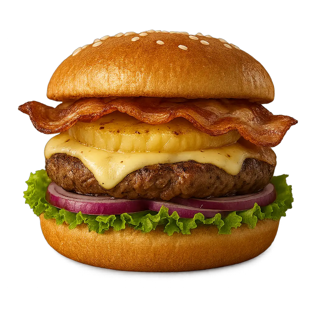 Jetzt HAWAII BURGER bestellen – cremiger Burger mit Speck, Zwiebeln, Rahm und Parmesan im Brötchen. Gleich genießen und heiß serviert bekommen!