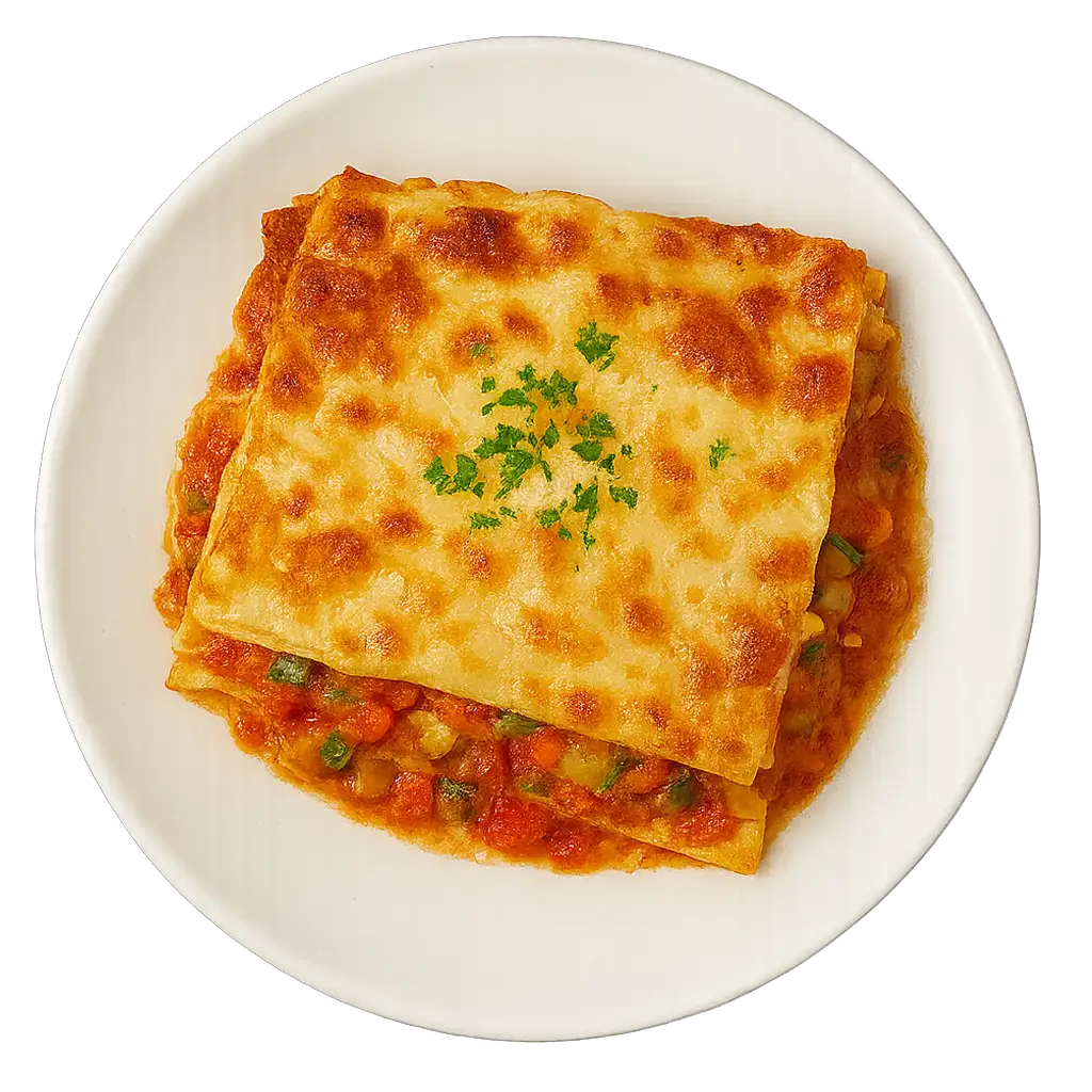 LASAGNE VEGI vegetarisch mit frischem Gemüse, Tomatensauce und cremiger Käseschicht, serviert auf einem weißen Teller