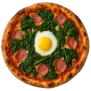 LUNA Pizza mit Schinken, frischem Spinat und einem Ei auf knusprigem Steinofenboden