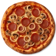 PADRONE Pizza mit würziger Salami, frischen Zwiebelringen und aromatischen Champignons auf knusprigem Steinofenboden