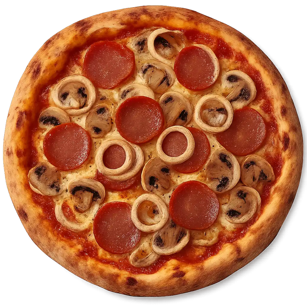 PADRONE Pizza mit würziger Salami, frischen Zwiebelringen und aromatischen Champignons auf knusprigem Steinofenboden