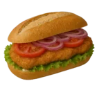 Pepito Poulet Sandwich mit knusprigem Pouletfilet, frischen Tomaten, Zwiebeln, Sauce und grünem Salat