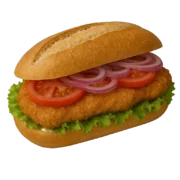 Pepito Poulet Sandwich mit knusprigem Pouletfilet, frischen Tomaten, Zwiebeln, Sauce und grünem Salat