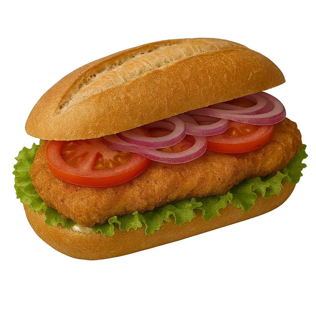 Pepito Poulet Sandwich mit knusprigem Pouletfilet, frischen Tomaten, Zwiebeln, Sauce und grünem Salat