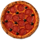 Pizza Calabrese mit scharfer Salami und schwarzen Oliven