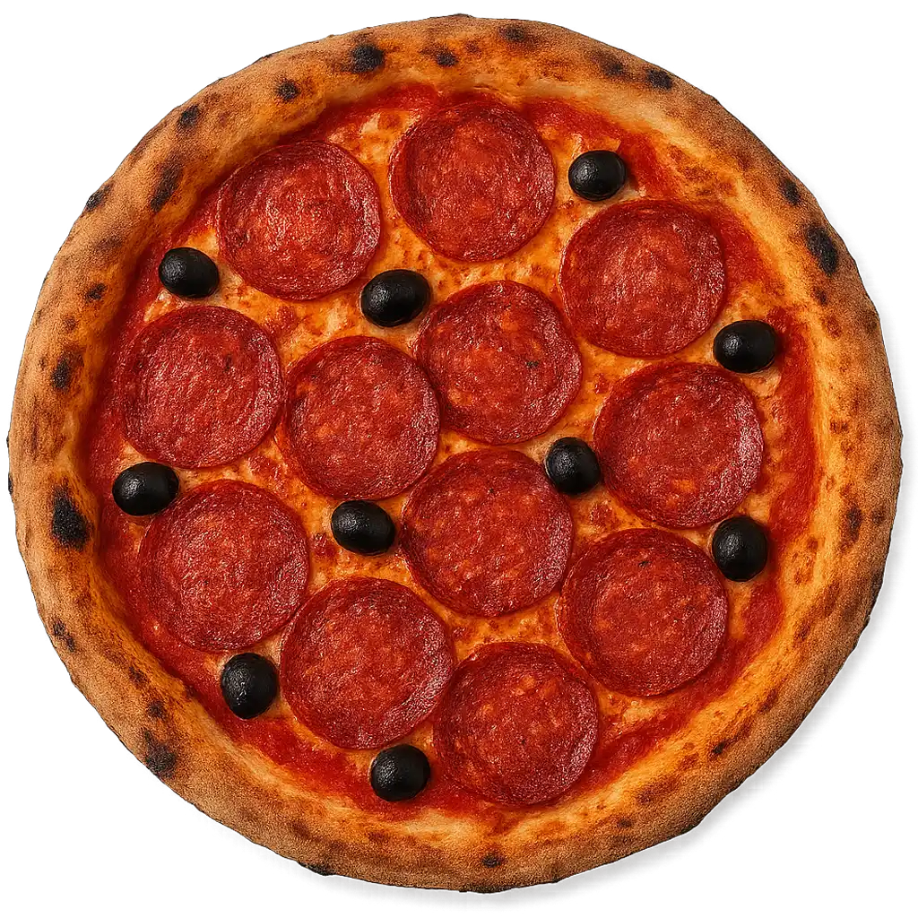Pizza Calabrese mit scharfer Salami und schwarzen Oliven