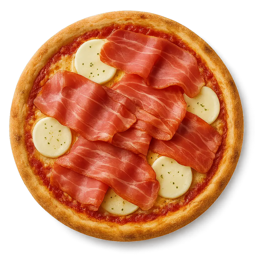 Pizza FCL mit Raclettekäse, Rohschinken und Mozzarellascheiben
