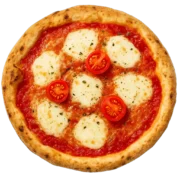 Pizza Margherita mit Tomaten und frischem Mozzarella auf knusprigem Steinofenboden