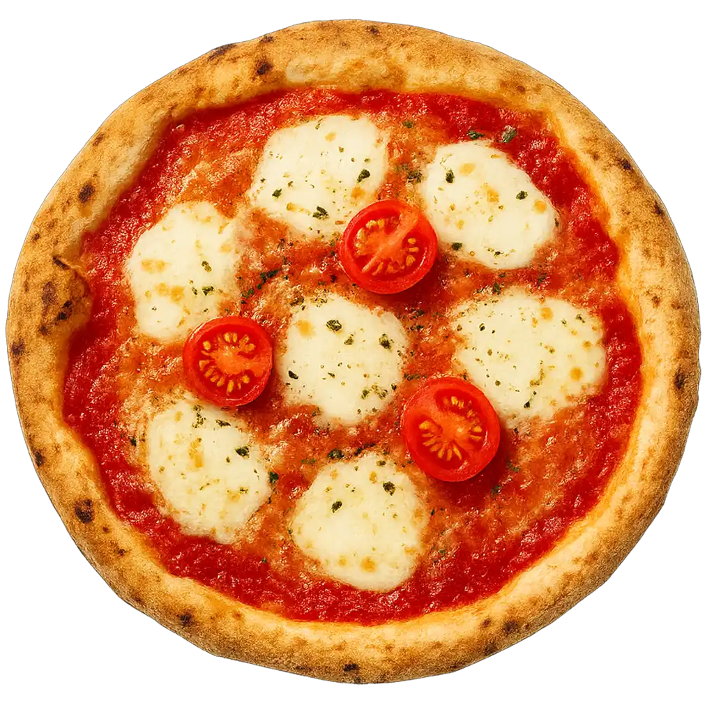 Pizza Margherita mit Tomaten und frischem Mozzarella auf knusprigem Steinofenboden