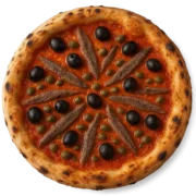 Pizza Napoli mit Oliven, Sardellen und Kapern auf knusprigem Steinofenboden