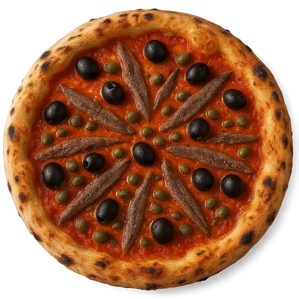 Pizza Napoli mit Oliven, Sardellen und Kapern auf knusprigem Steinofenboden