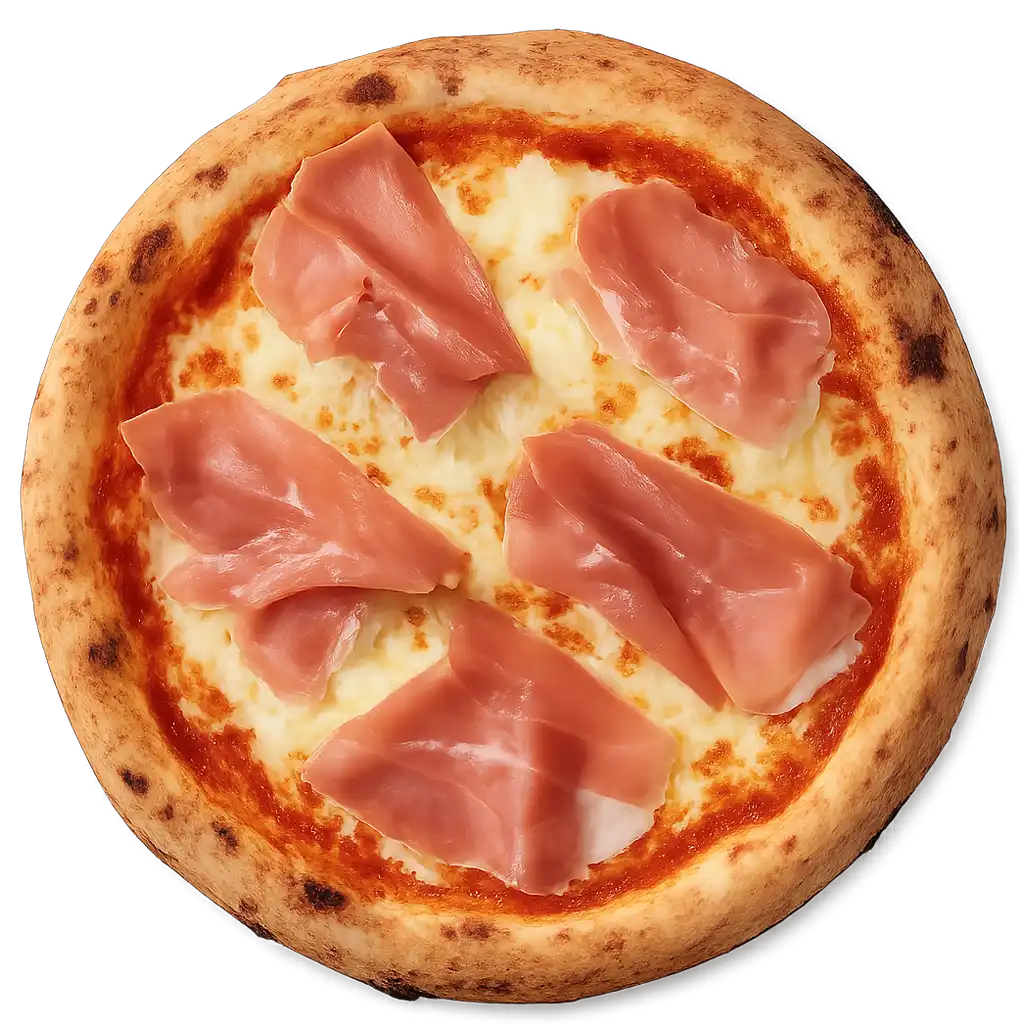 Pizza Prosciutto mit Schinken auf knusprigem Steinofenboden