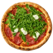 Pizza Rucola mit frischem Rucola, Mascarpone und Rohschinken