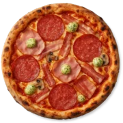 Pizza Svizzera mit Schinken, Salami, Speck und Kräuterbutter