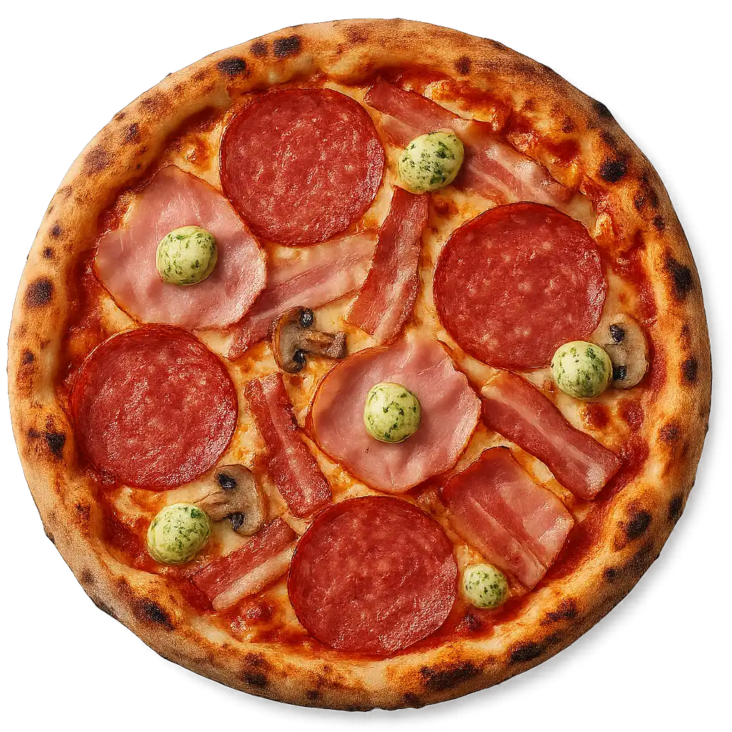 Pizza Svizzera mit Schinken, Salami, Speck und Kräuterbutter
