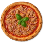 Pizza Tonno mit Thon, roten Zwiebeln und frischem Basilikum