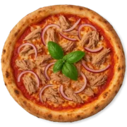 Pizza Tonno mit Thon, roten Zwiebeln und frischem Basilikum