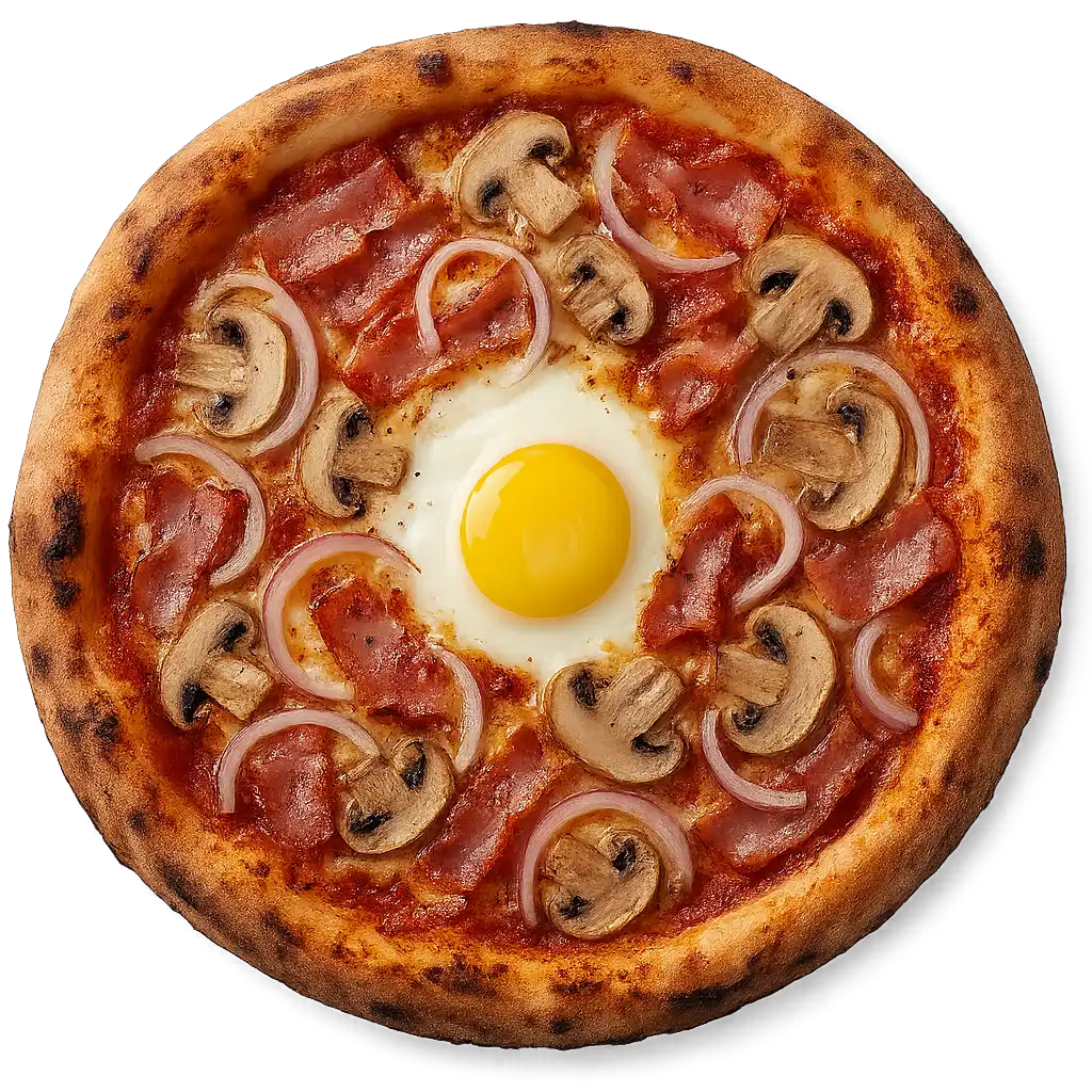Pizza Traum mit Speck, Zwiebeln, Champignons und Ei