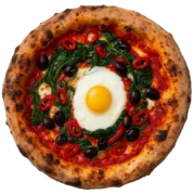 Pizza Verdi mit Spinat, Ei und Peperoni auf knusprigem Steinofenboden, optional mit Oliven