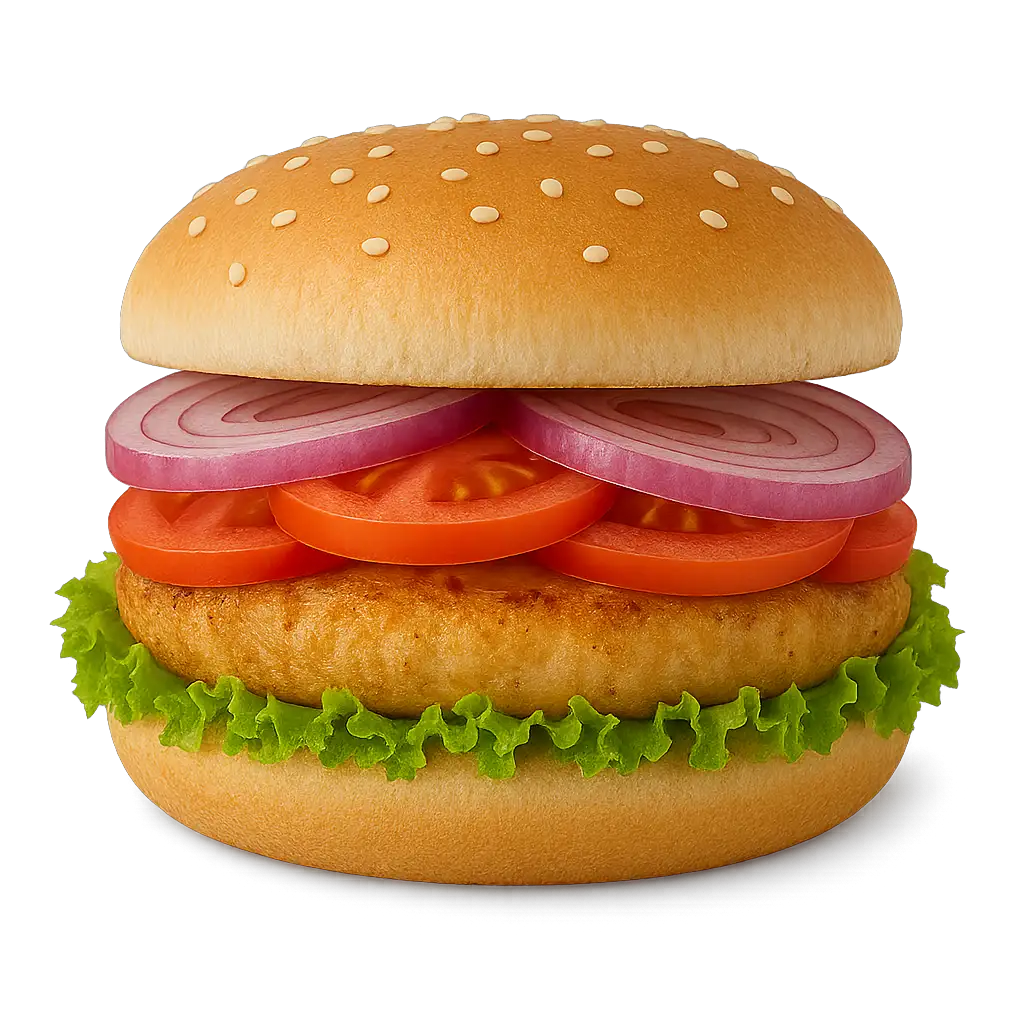 poulet burger 125g pouletfleisch mit salat zwiebeln tomaten