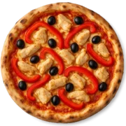 POULET Pizza mit Pouletfleisch, roten Peperoni und schwarzen Oliven auf knusprigem Steinofenboden