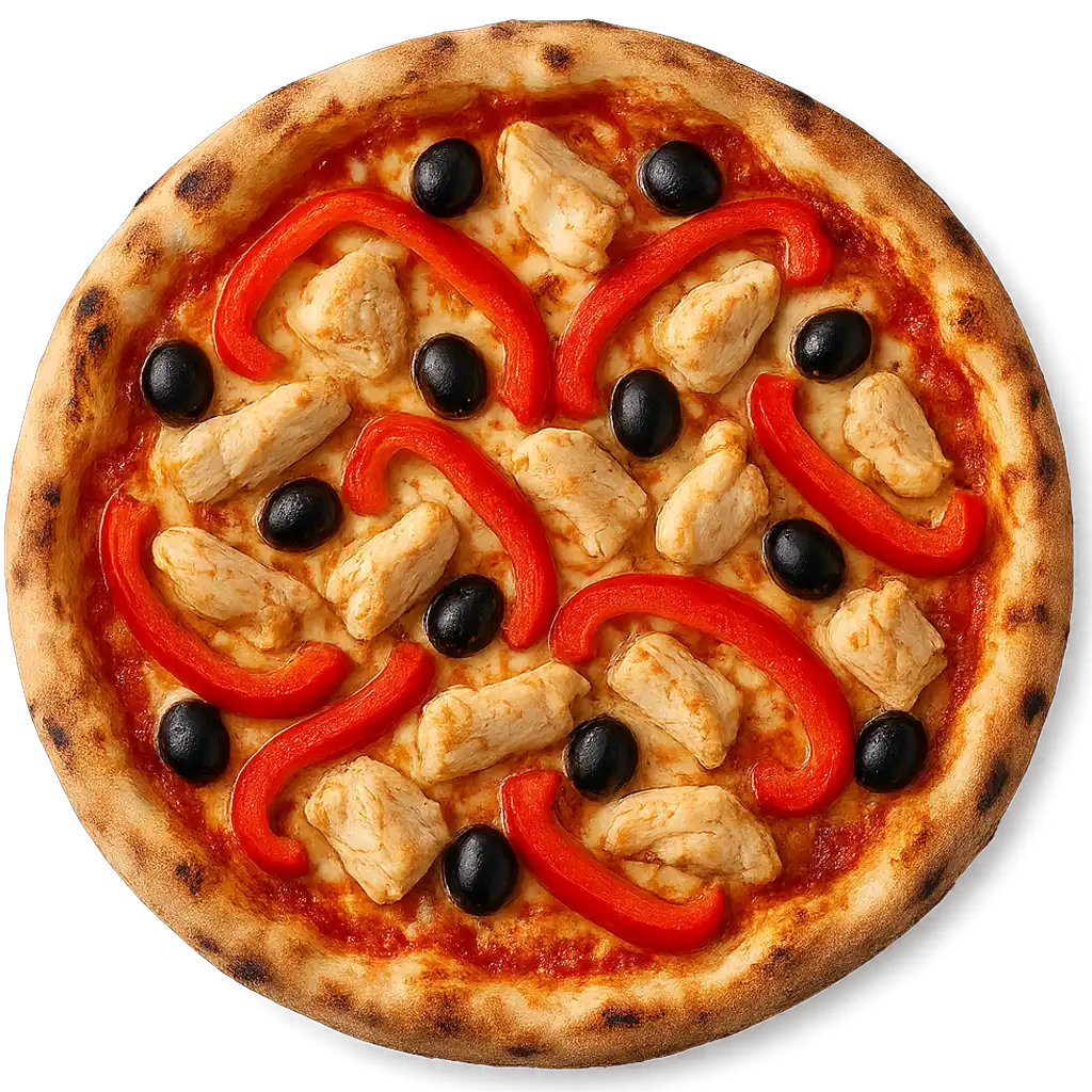 POULET Pizza mit Pouletfleisch, roten Peperoni und schwarzen Oliven auf knusprigem Steinofenboden