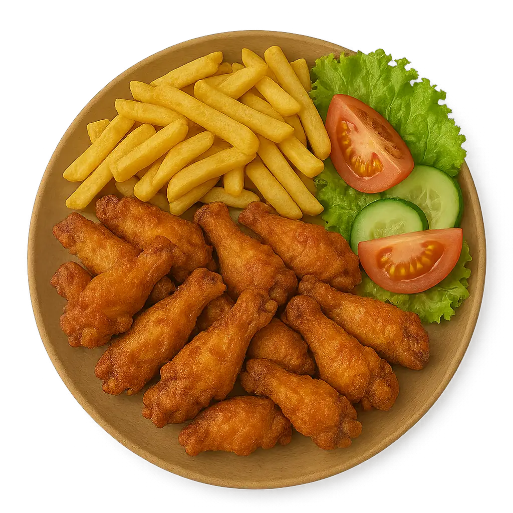 Knusprige Pouletflügeli (10 Stück) mit Pommes frites und frischem Salat