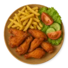 Knusprige Pouletflügeli mit Pommes frites und frischem Salat