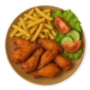 Knusprige Pouletflügeli mit Pommes frites und frischem Salat