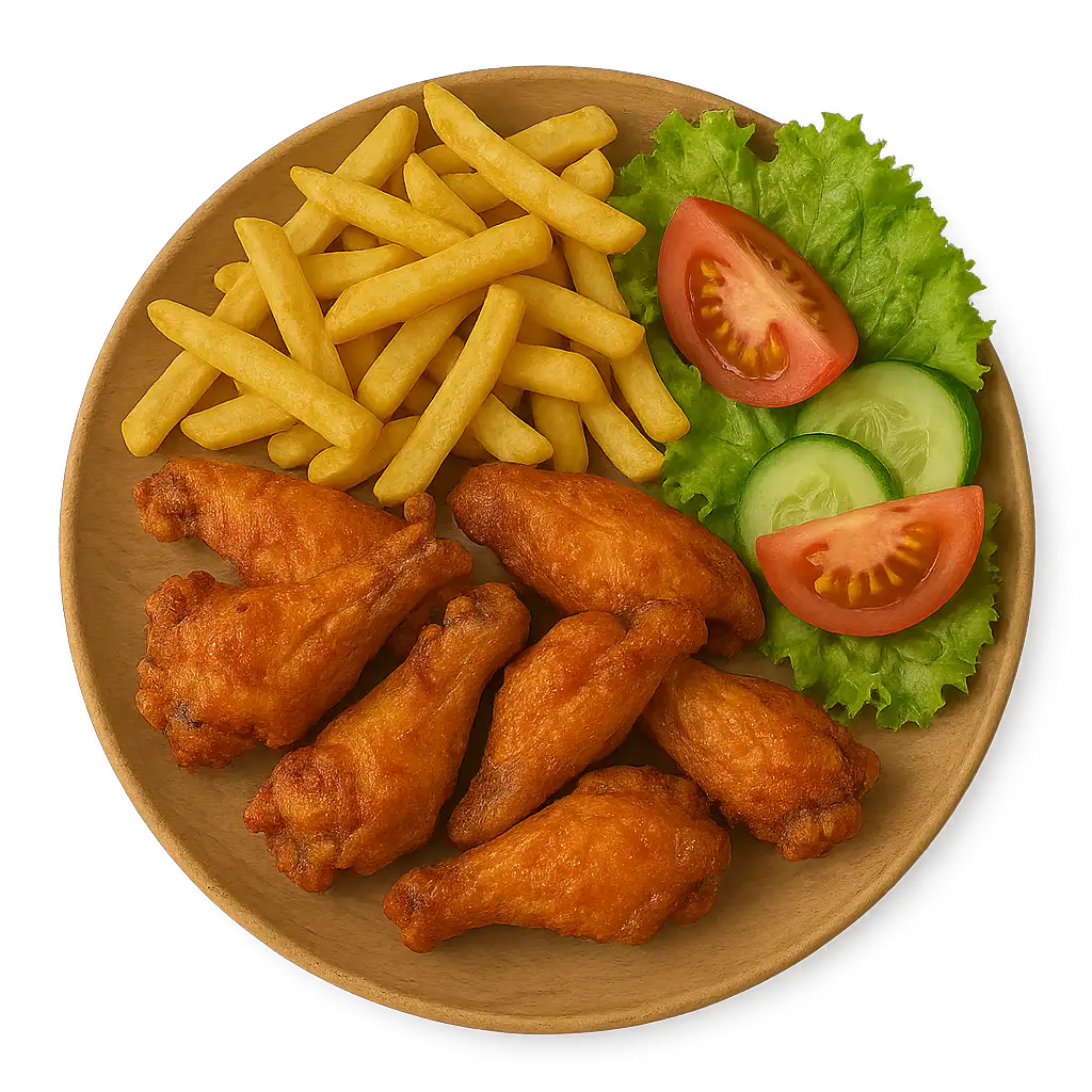 Knusprige Pouletflügeli mit Pommes frites und frischem Salat