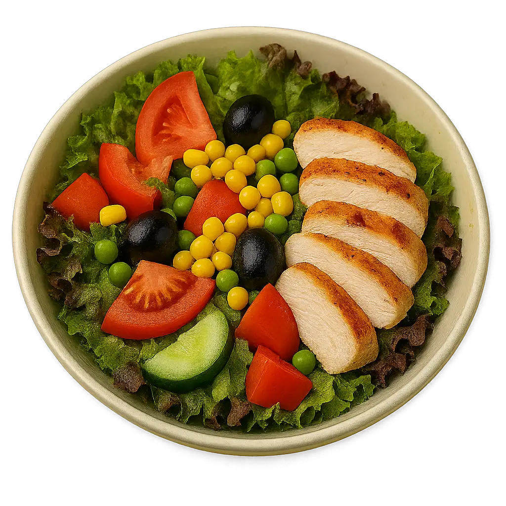 Zarter Pouletfleisch-Salat kombiniert mit frischem, gemischtem Gemüse – proteinreich und leicht.