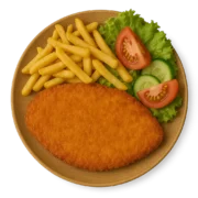 Knuspriges Pouletschnitzel serviert mit Pommes frites und frischem Salat