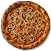 PROSCIUTTO & FUNGHI Pizza mit zartem Schinken und frischen Champignons auf knusprigem Steinofenboden