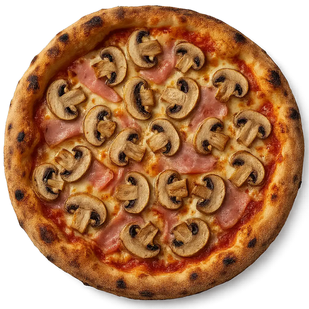 PROSCIUTTO & FUNGHI Pizza mit zartem Schinken und frischen Champignons auf knusprigem Steinofenboden