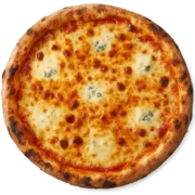 QUATTRO FORMAGGI Pizza mit Mozzarella, Gorgonzola, Parmesan und Emmentaler auf knusprigem Steinofenboden
