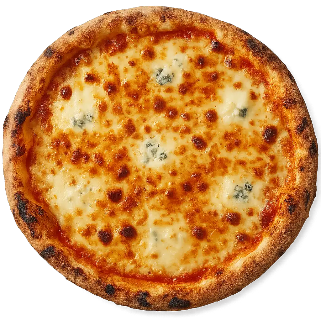 QUATTRO FORMAGGI Pizza mit Mozzarella, Gorgonzola, Parmesan und Emmentaler auf knusprigem Steinofenboden