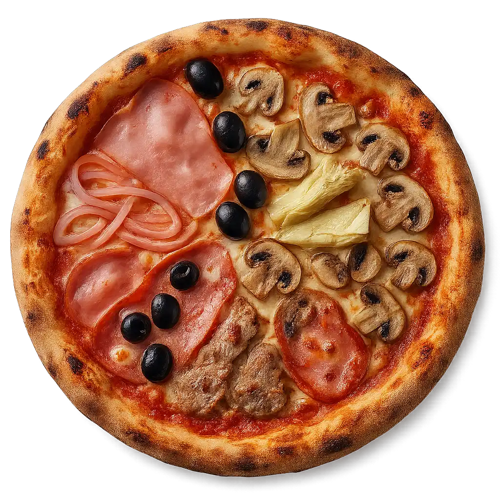 QUATTRO STAGIONI Pizza mit Schinken, Artischocken, Oliven und Champignons auf knusprigem Steinofenboden